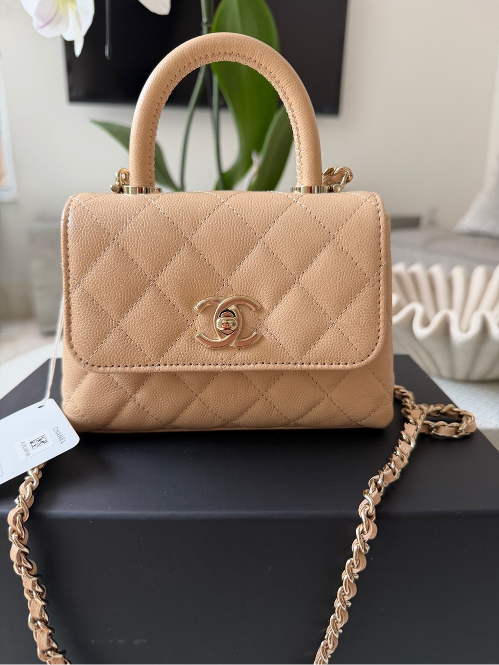 Chanel 24K AP4244 Micro Coco Handle Extra Mini Flap Beige Caviar Clutch GHW Bag